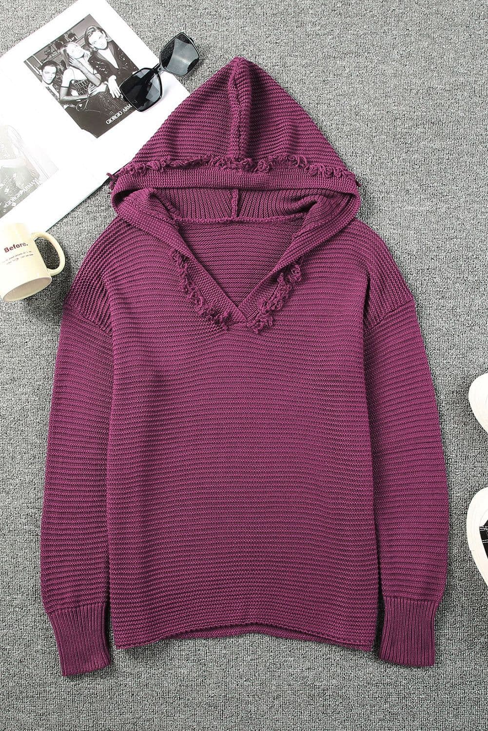 image-Khaki V Neck Ribbed Drop Shoulder Hooded Sweater