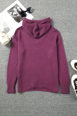 image-Khaki V Neck Ribbed Drop Shoulder Hooded Sweater