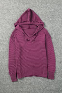 image-Khaki V Neck Ribbed Drop Shoulder Hooded Sweater