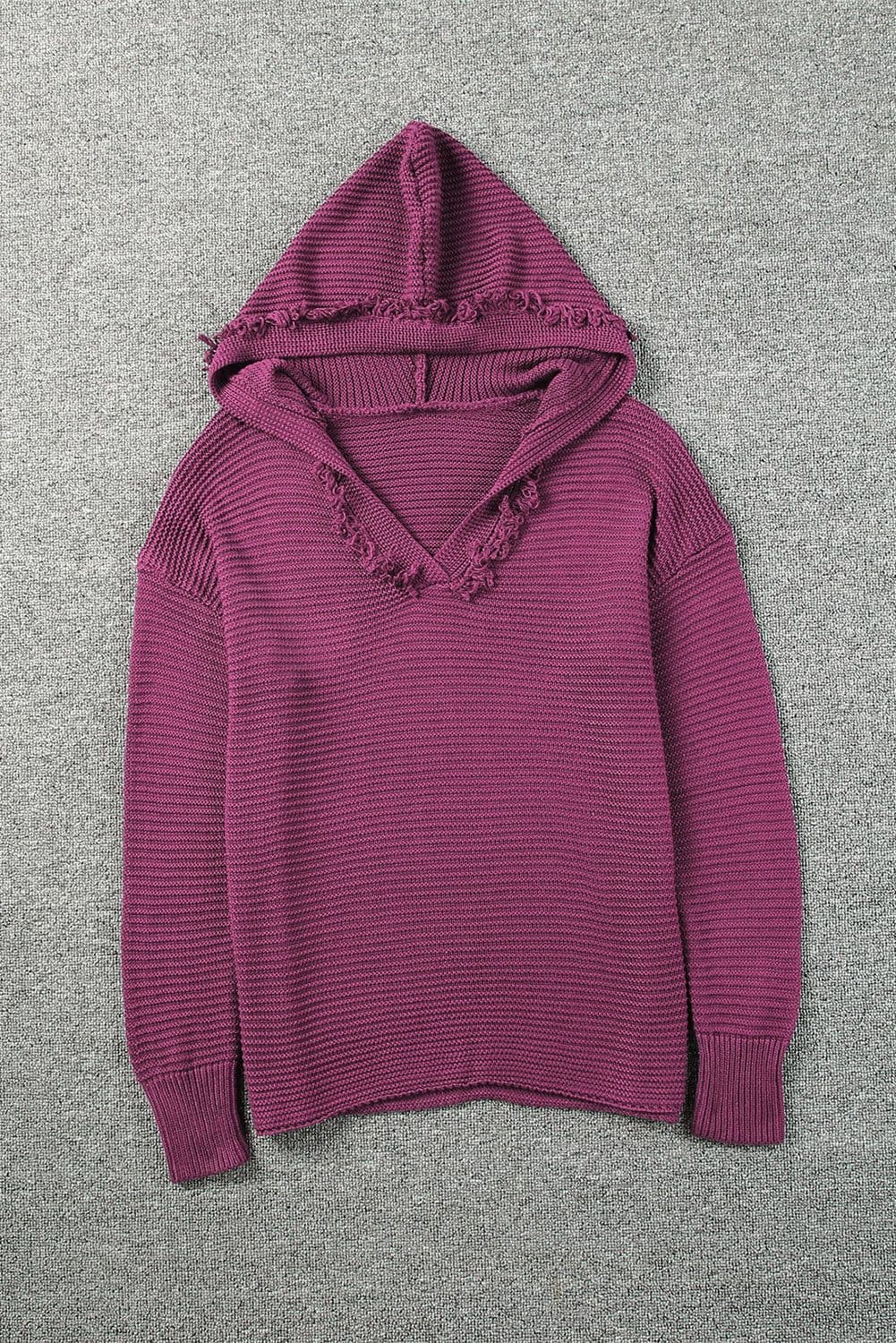 image-Khaki V Neck Ribbed Drop Shoulder Hooded Sweater