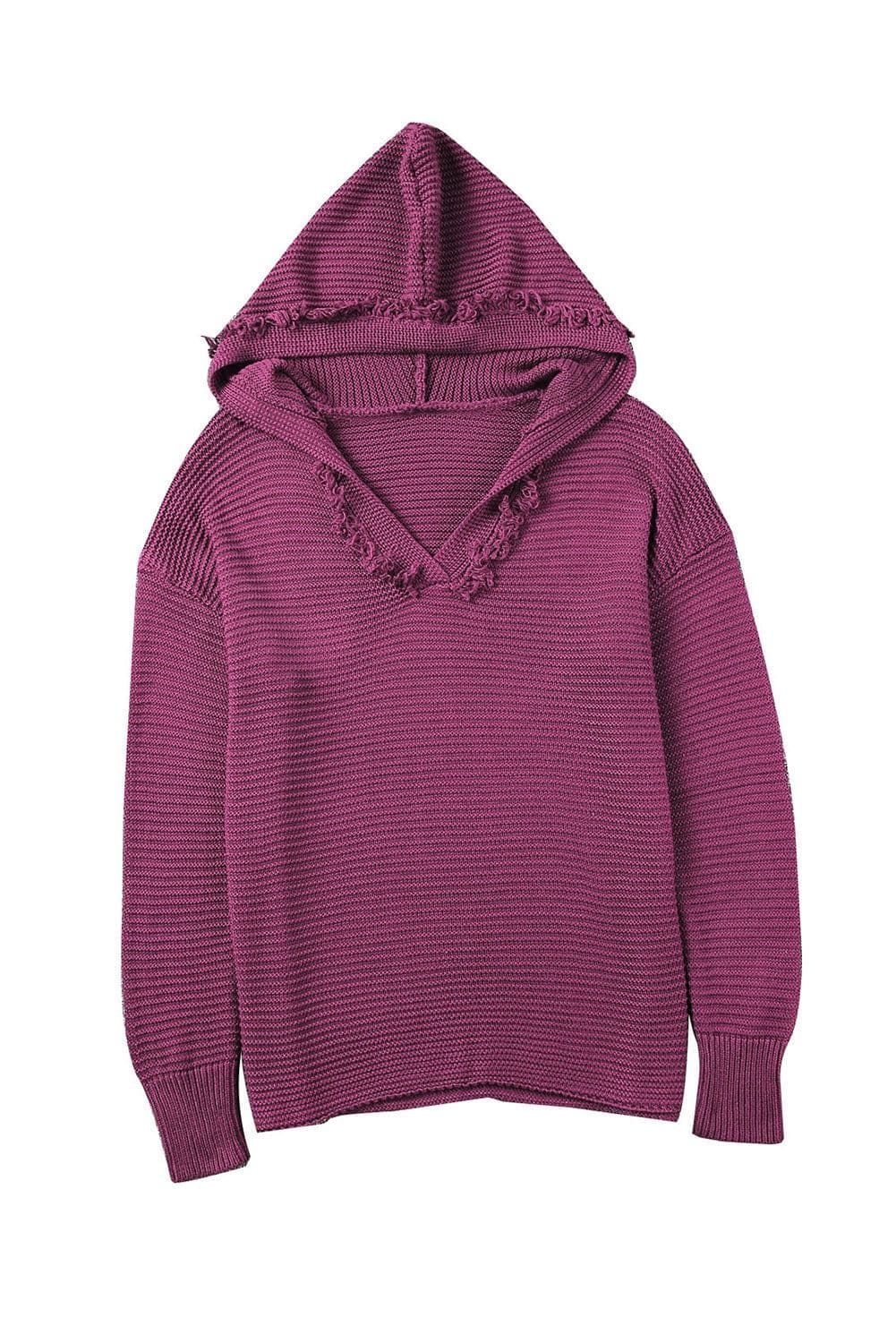 image-Khaki V Neck Ribbed Drop Shoulder Hooded Sweater