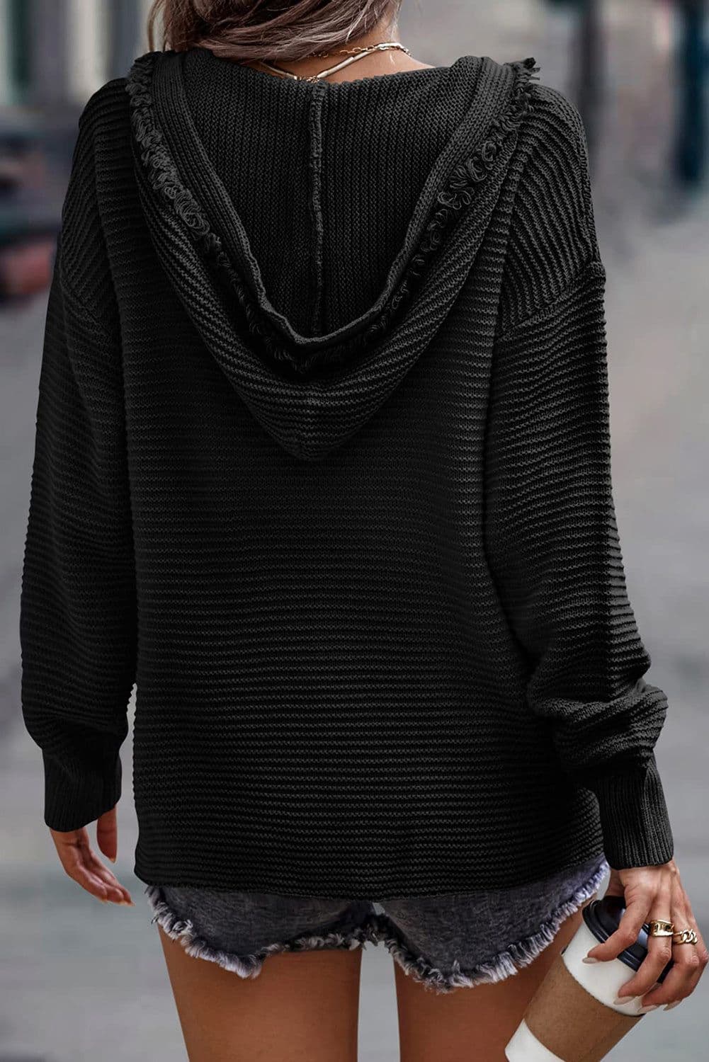 image-Khaki V Neck Ribbed Drop Shoulder Hooded Sweater