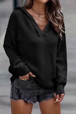 image-Khaki V Neck Ribbed Drop Shoulder Hooded Sweater