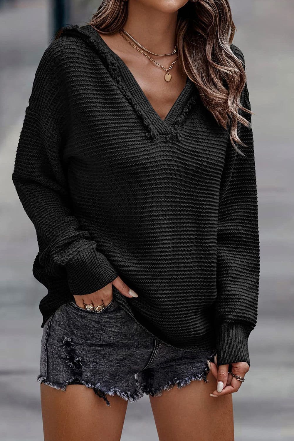 image-Khaki V Neck Ribbed Drop Shoulder Hooded Sweater
