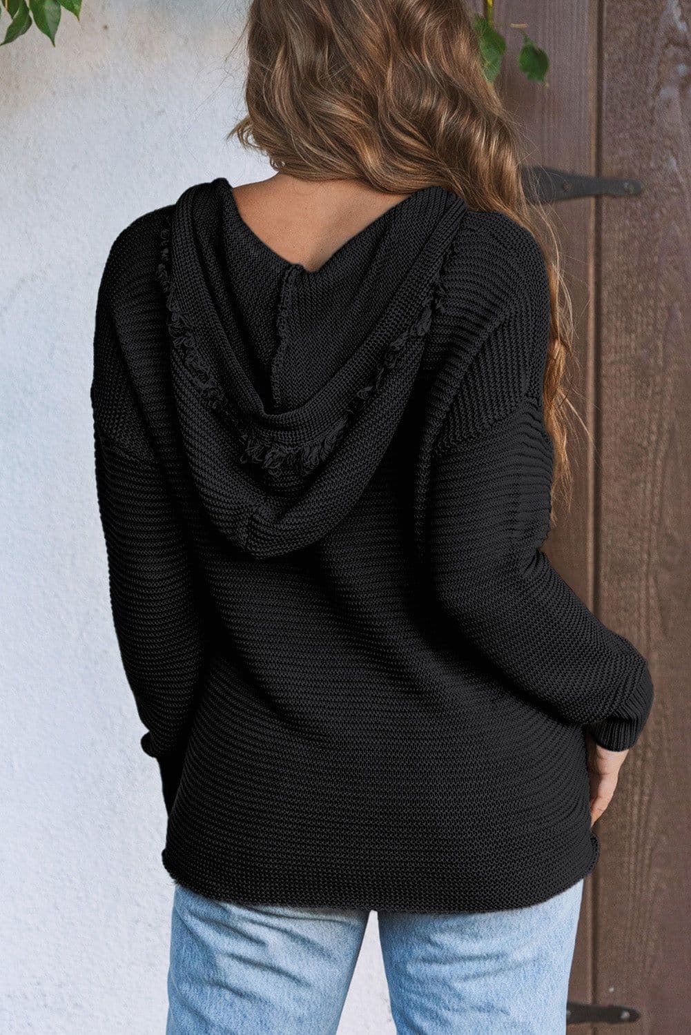 image-Khaki V Neck Ribbed Drop Shoulder Hooded Sweater