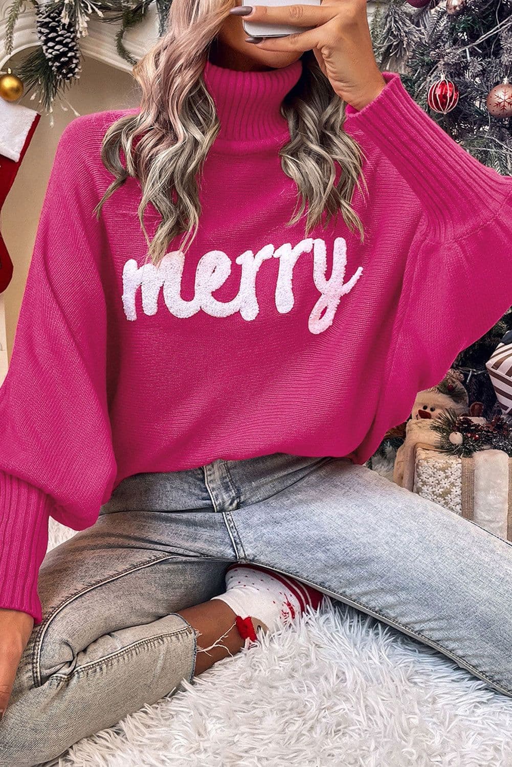 image-Red Merry Letter Embroidered High Neck Sweater