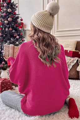 image-Red Merry Letter Embroidered High Neck Sweater