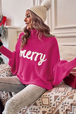 image-Red Merry Letter Embroidered High Neck Sweater