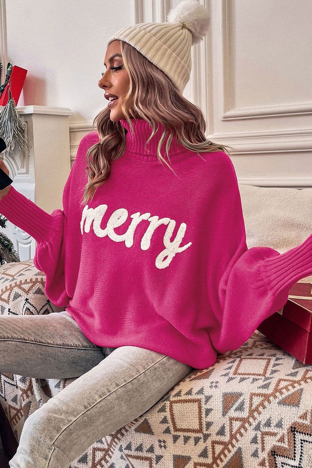 image-Red Merry Letter Embroidered High Neck Sweater