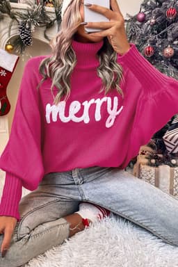 image-Red Merry Letter Embroidered High Neck Sweater