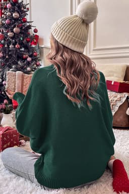 image-Red Merry Letter Embroidered High Neck Sweater
