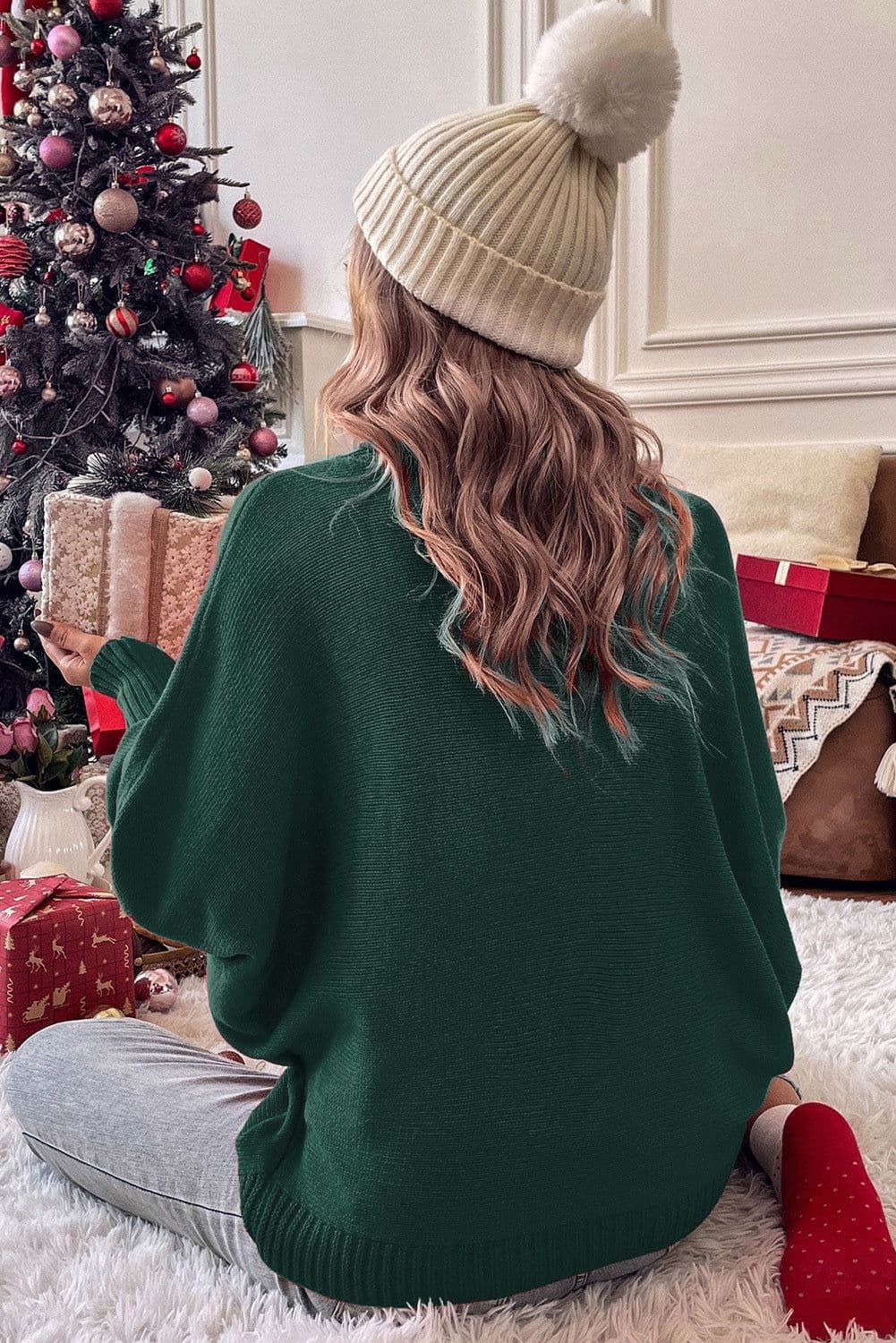 image-Red Merry Letter Embroidered High Neck Sweater