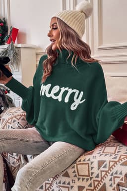 image-Red Merry Letter Embroidered High Neck Sweater