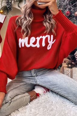 image-Red Merry Letter Embroidered High Neck Sweater