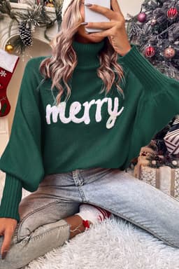 image-Red Merry Letter Embroidered High Neck Sweater