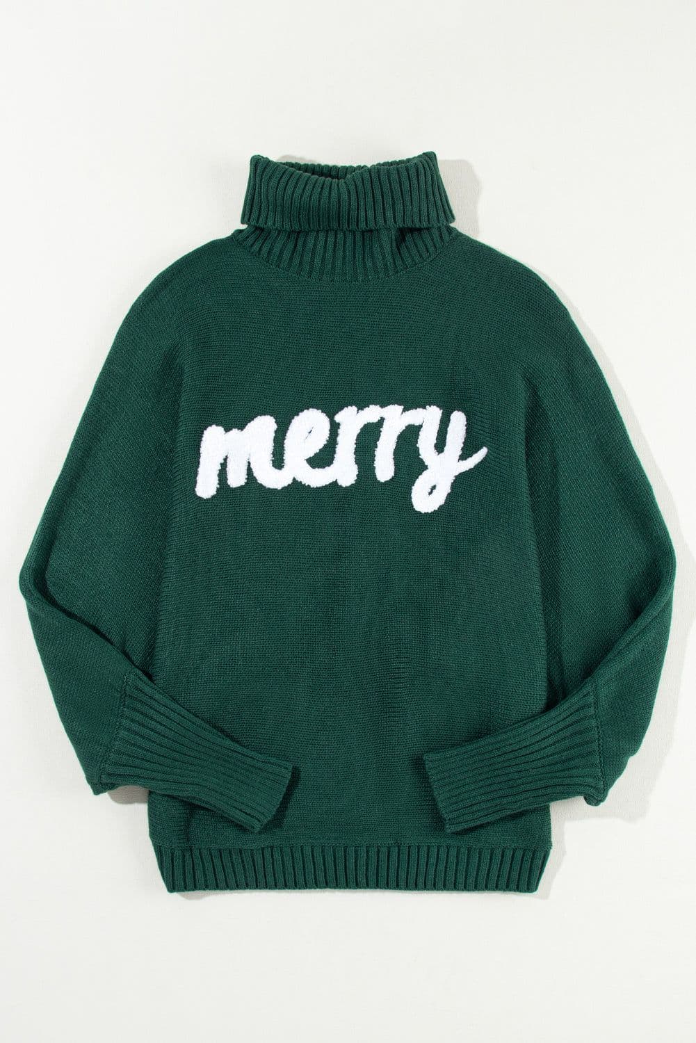 image-Red Merry Letter Embroidered High Neck Sweater