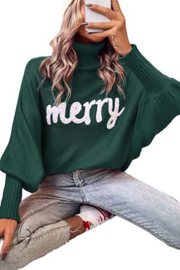 image-Red Merry Letter Embroidered High Neck Sweater
