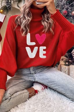 image-Red Merry Letter Embroidered High Neck Sweater