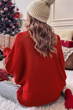 image-Red Merry Letter Embroidered High Neck Sweater
