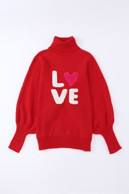 image-Red Merry Letter Embroidered High Neck Sweater