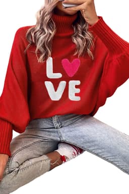 image-Red Merry Letter Embroidered High Neck Sweater