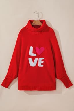 image-Red Merry Letter Embroidered High Neck Sweater