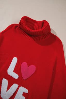 image-Red Merry Letter Embroidered High Neck Sweater