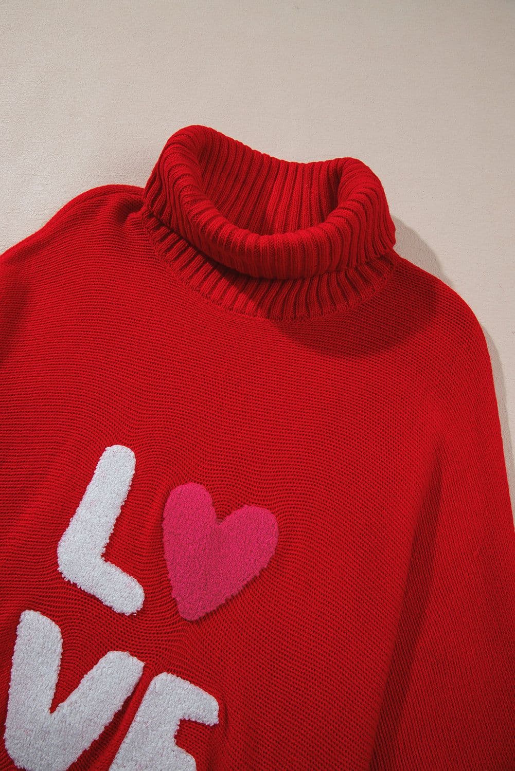 image-Red Merry Letter Embroidered High Neck Sweater