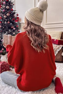 image-Red Merry Letter Embroidered High Neck Sweater
