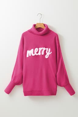 image-Red Merry Letter Embroidered High Neck Sweater