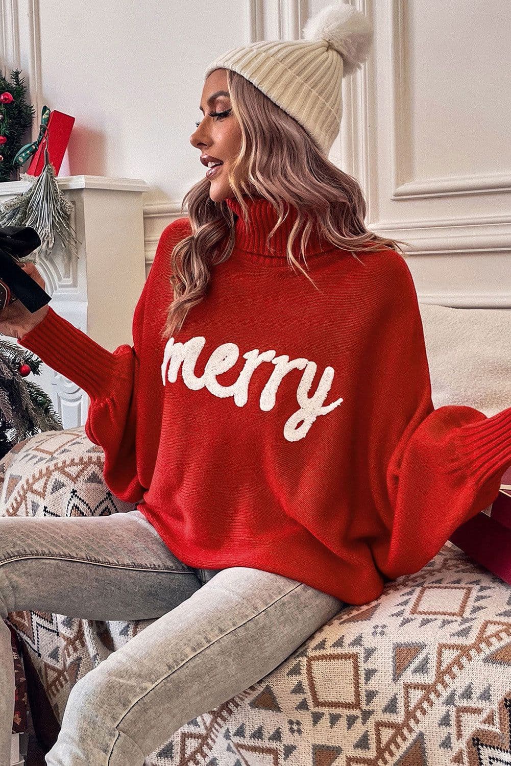 image-Red Merry Letter Embroidered High Neck Sweater