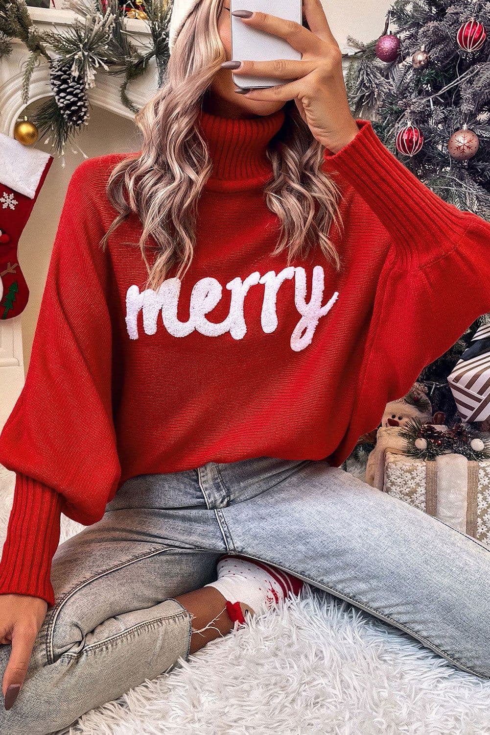 image-Red Merry Letter Embroidered High Neck Sweater