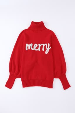 image-Red Merry Letter Embroidered High Neck Sweater