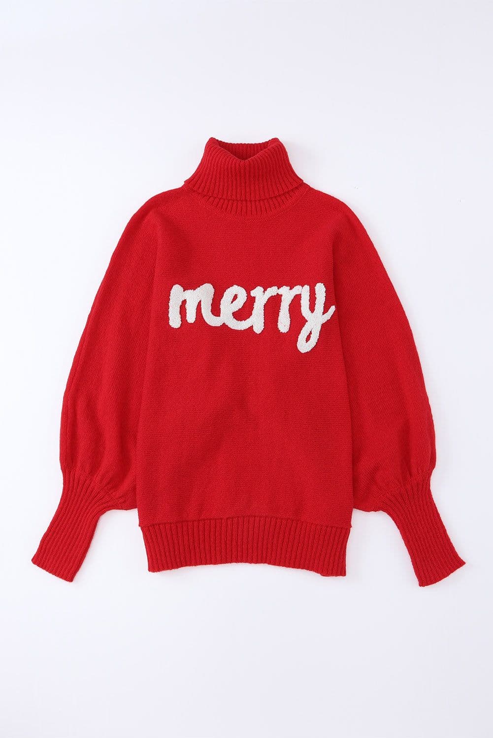 image-Red Merry Letter Embroidered High Neck Sweater