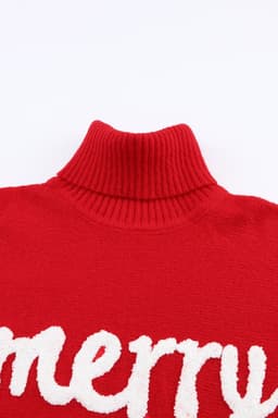 image-Red Merry Letter Embroidered High Neck Sweater