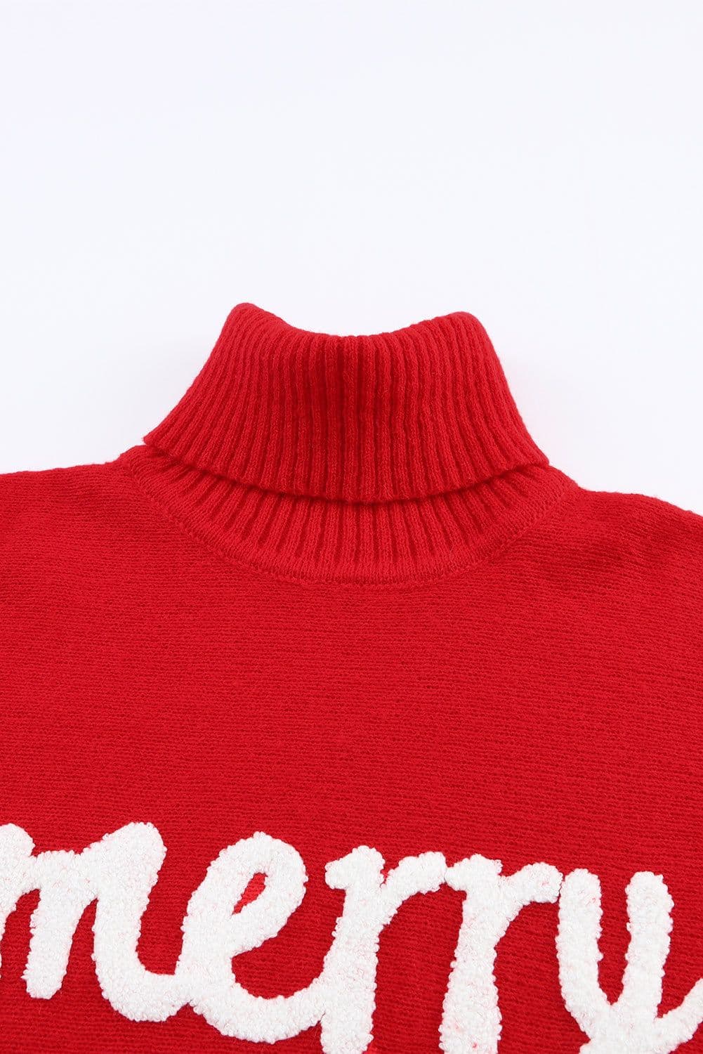 image-Red Merry Letter Embroidered High Neck Sweater