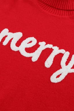 image-Red Merry Letter Embroidered High Neck Sweater