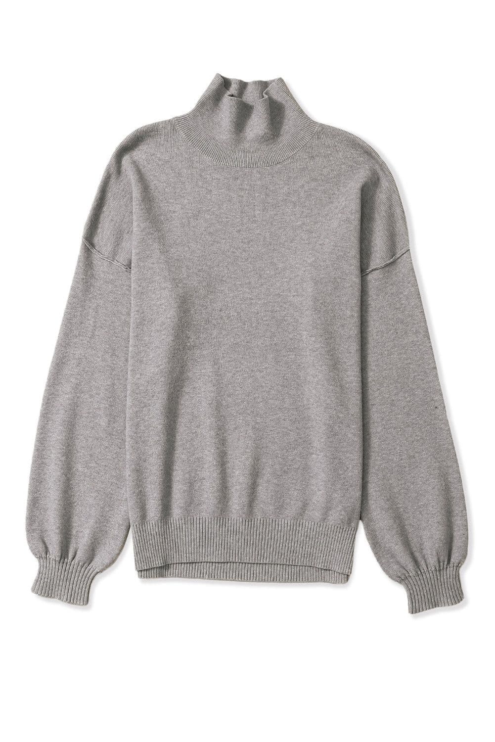 image-Brown Turtleneck Drop Shoulder Bubble Sleeve Knit Sweater