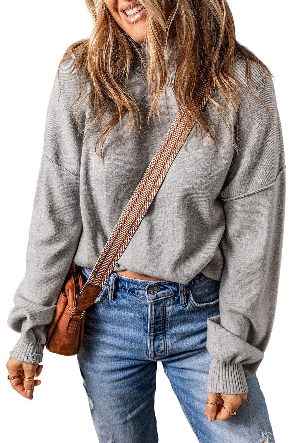 image-Brown Turtleneck Drop Shoulder Bubble Sleeve Knit Sweater