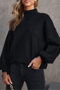 image-Brown Turtleneck Drop Shoulder Bubble Sleeve Knit Sweater