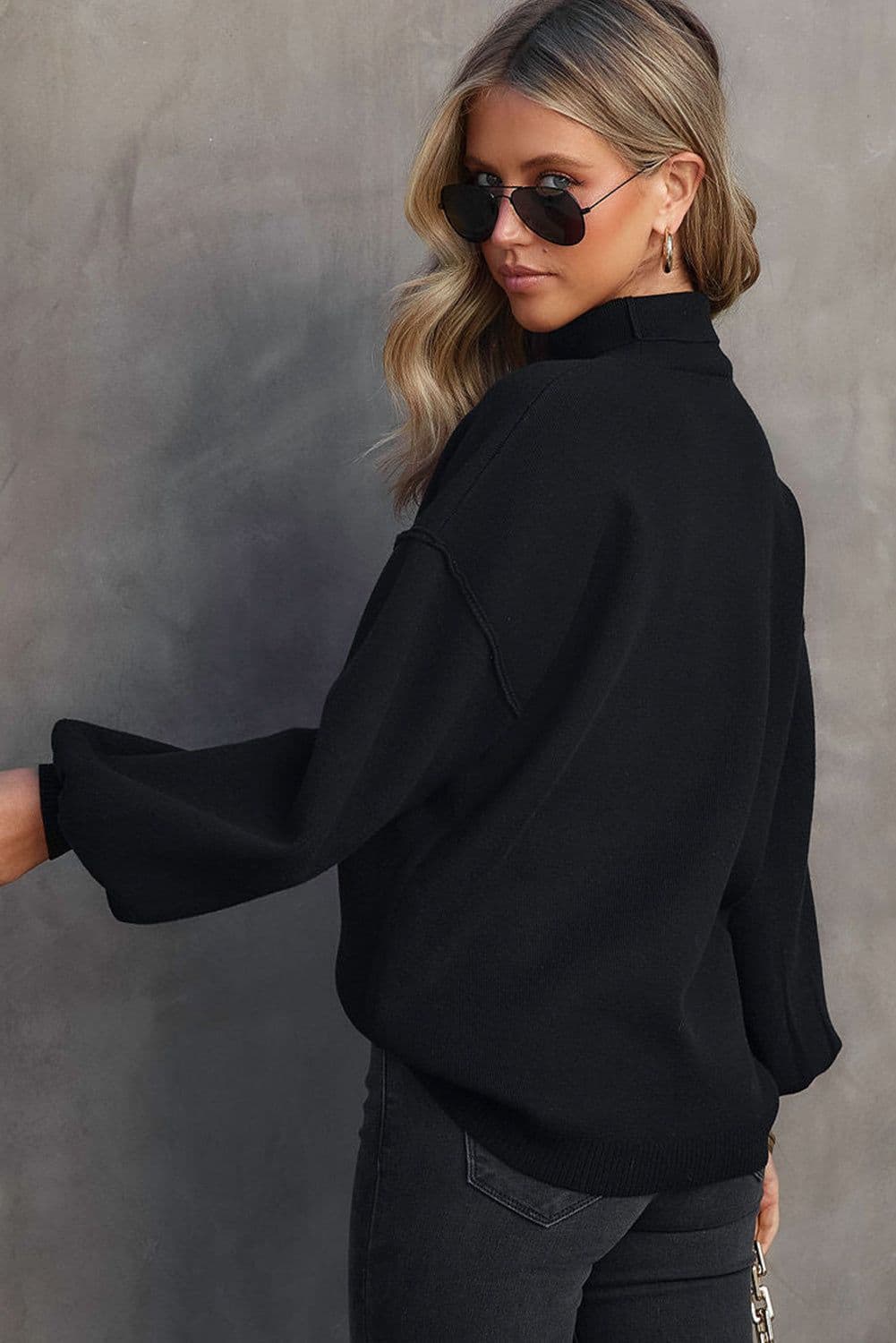 image-Brown Turtleneck Drop Shoulder Bubble Sleeve Knit Sweater