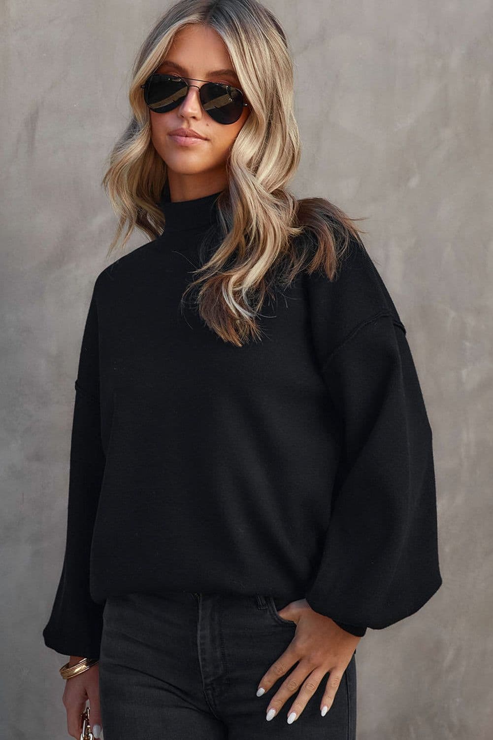 image-Brown Turtleneck Drop Shoulder Bubble Sleeve Knit Sweater