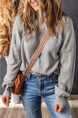 image-Brown Turtleneck Drop Shoulder Bubble Sleeve Knit Sweater
