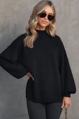 image-Brown Turtleneck Drop Shoulder Bubble Sleeve Knit Sweater