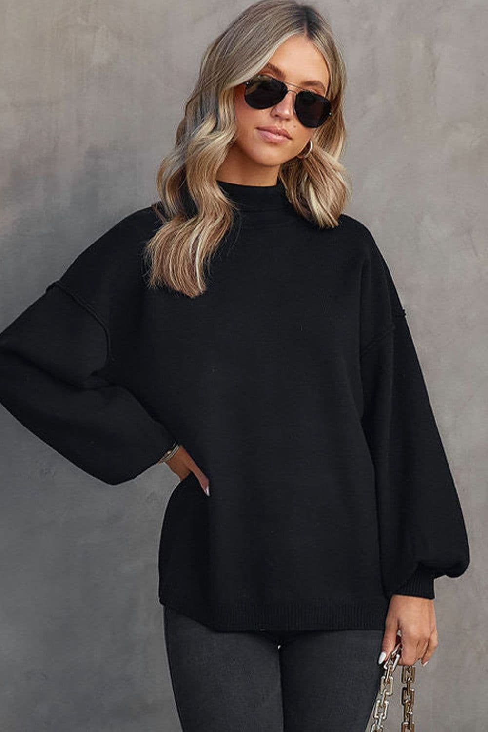 image-Brown Turtleneck Drop Shoulder Bubble Sleeve Knit Sweater