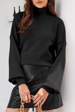 image-Brown Turtleneck Drop Shoulder Bubble Sleeve Knit Sweater
