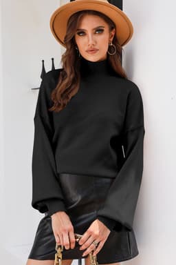 image-Brown Turtleneck Drop Shoulder Bubble Sleeve Knit Sweater