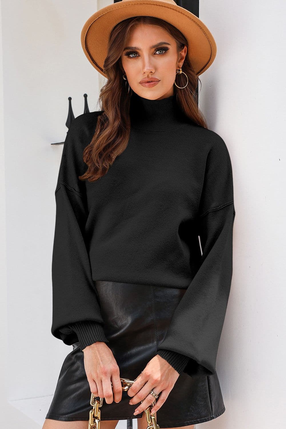 image-Brown Turtleneck Drop Shoulder Bubble Sleeve Knit Sweater