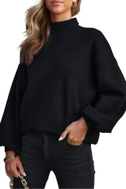 image-Brown Turtleneck Drop Shoulder Bubble Sleeve Knit Sweater