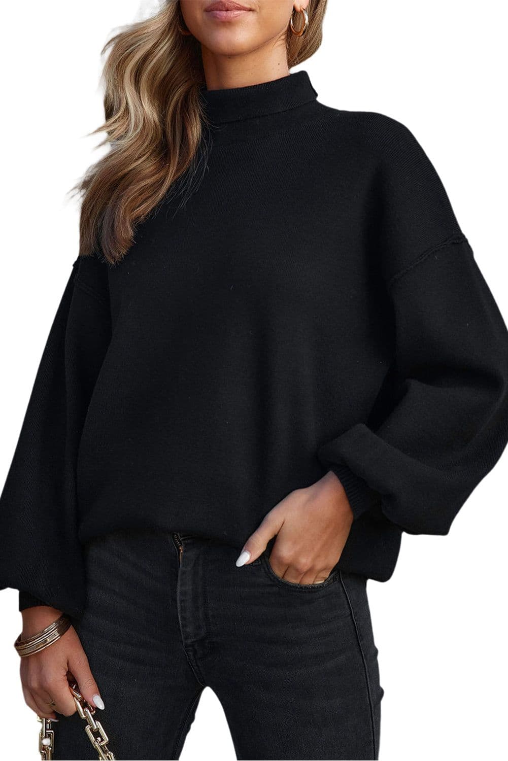 image-Brown Turtleneck Drop Shoulder Bubble Sleeve Knit Sweater